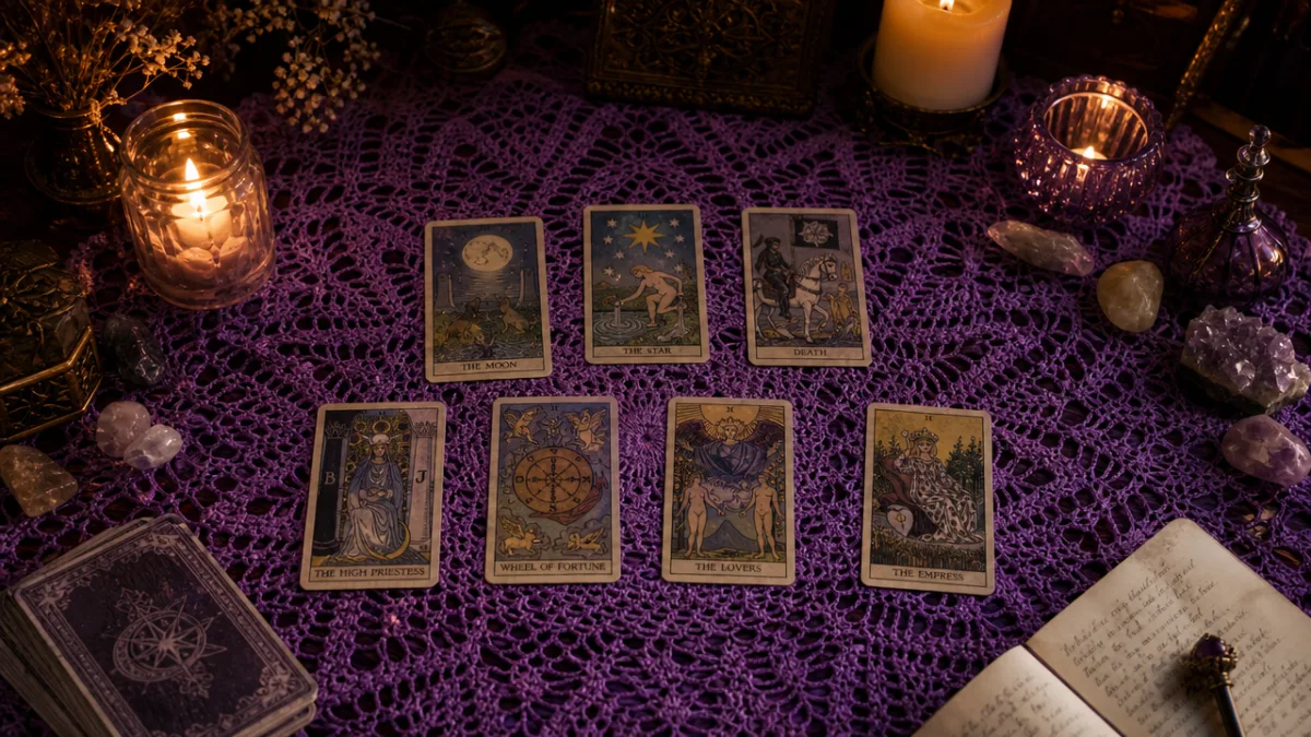 a beautifully finished purple lace crochet cloth spread with tarot cards in…