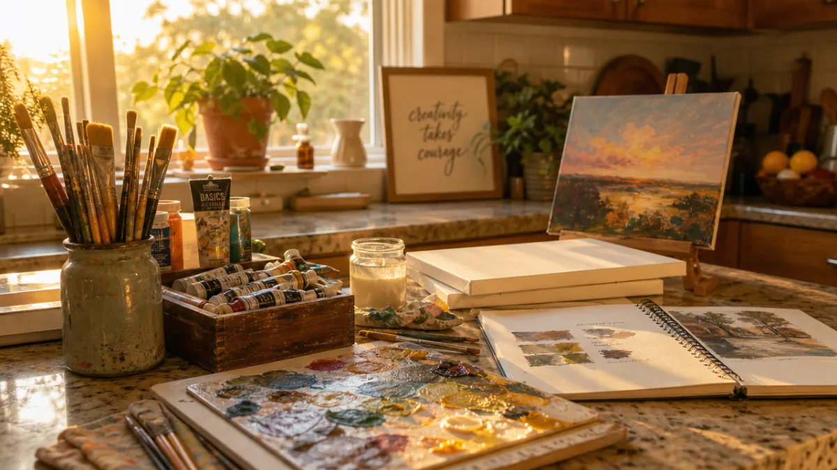 a sunlit kitchen counter covered with art supplies, paint brushes, and canvas…
