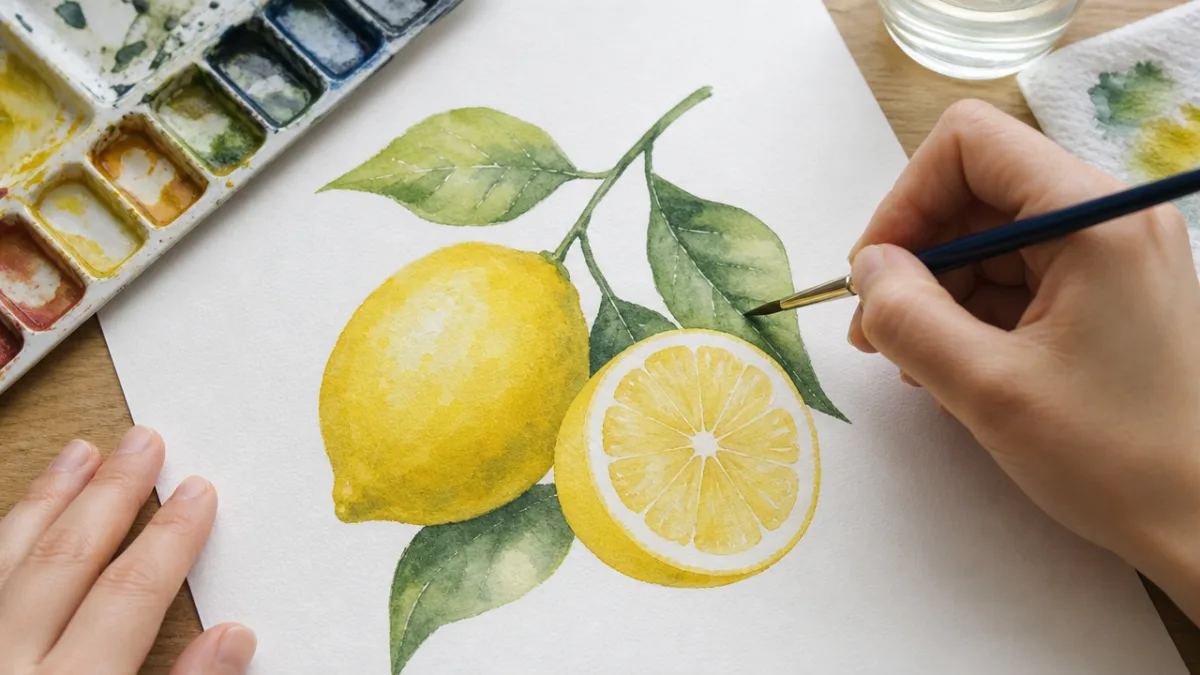 a close-up of hands painting a watercolor lemon illustration on white paper,…