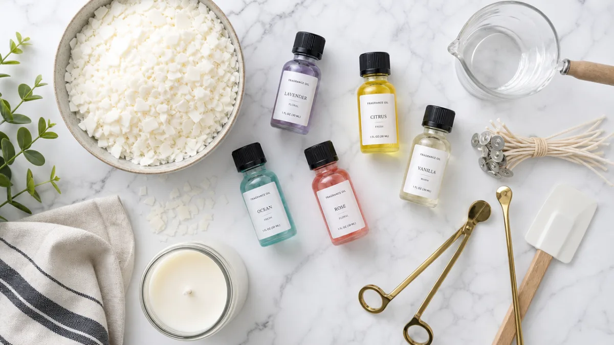 a flat lay of soy wax flakes, colorful fragrance oils, and candle-making…