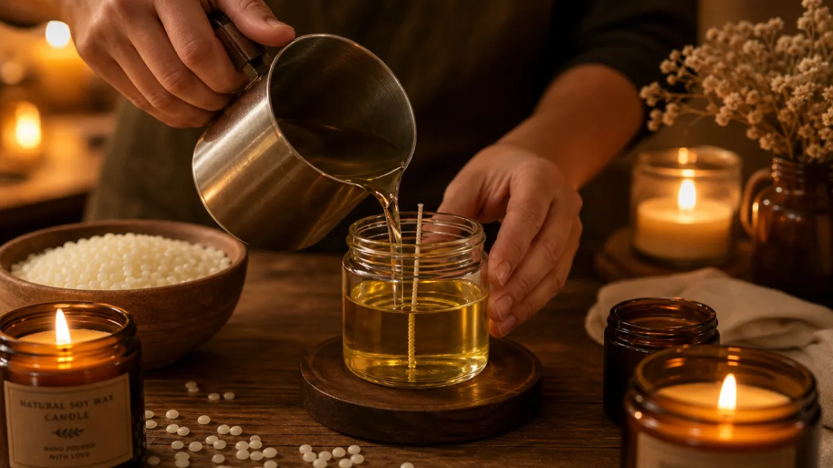hands carefully pouring golden soy wax into a glass jar candle on…