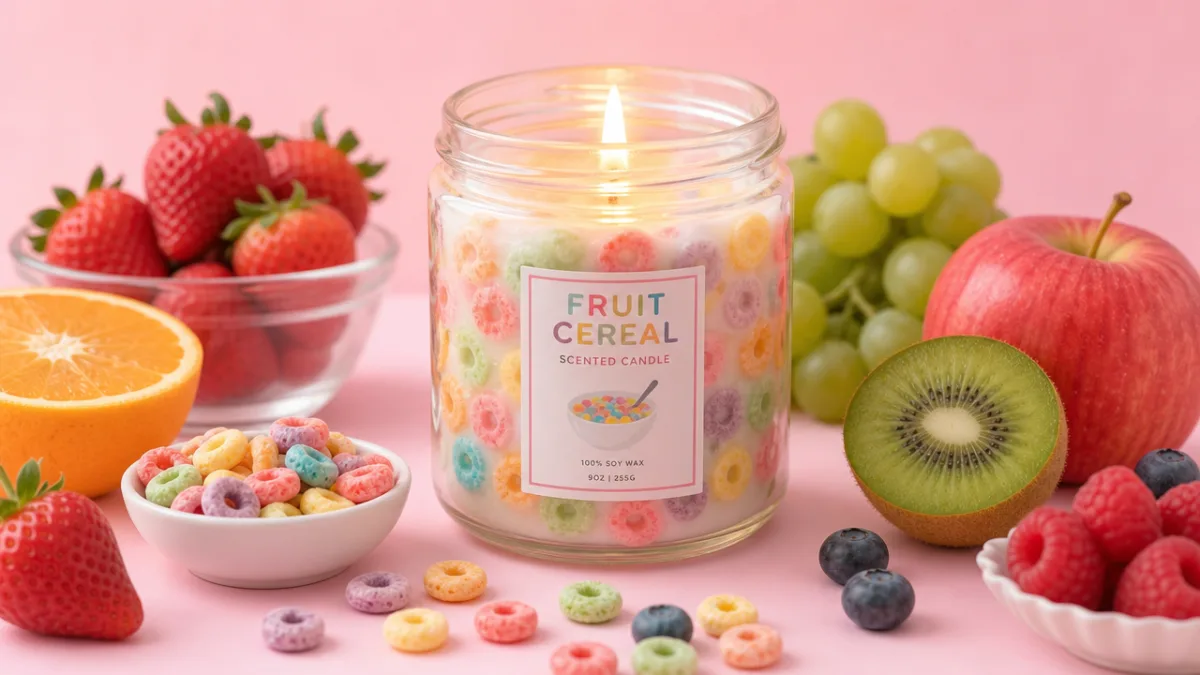 a glowing fruit cereal scented candle in a glass jar surrounded by…