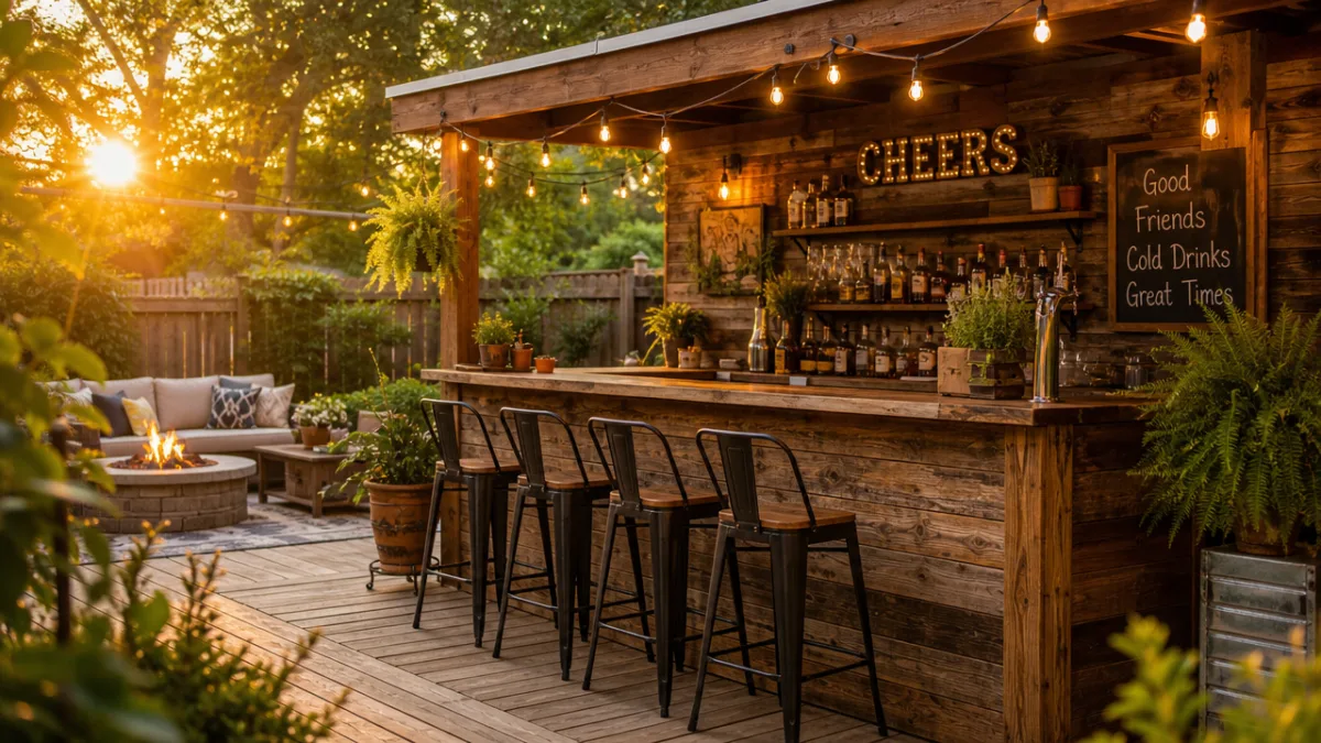 a sunlit backyard patio with a rustic wooden outdoor bar surrounded by…