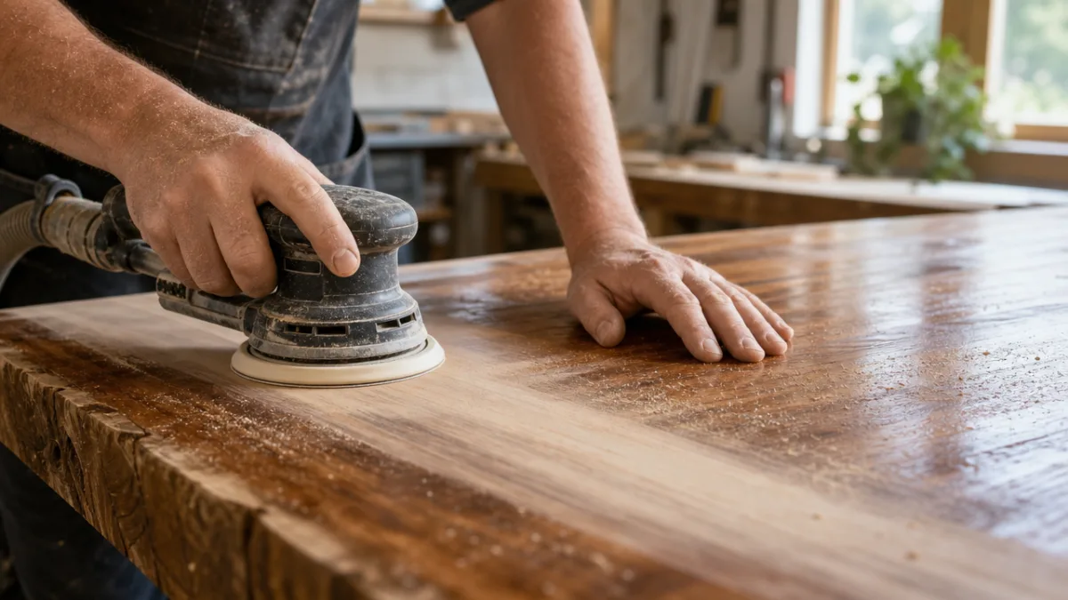 close-up of hands sanding a wooden bar top in a bright workshop…