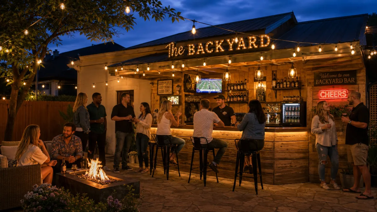 a fully finished outdoor backyard bar glowing with warm string lights at…
