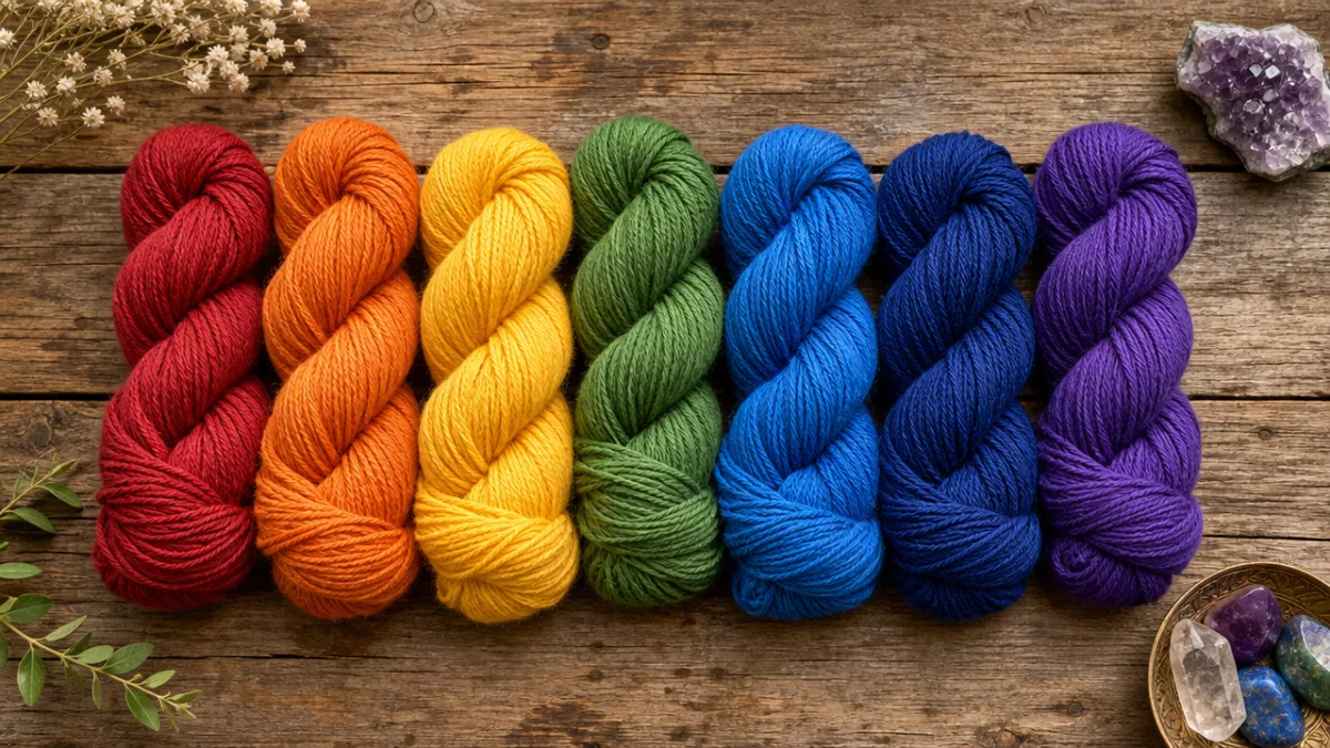 a flat lay of colorful chakra yarn skeins arranged in rainbow order…