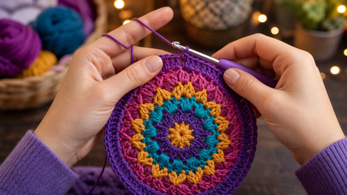 hands crocheting a colorful mandala circle in vibrant purple yarn, soft studio…