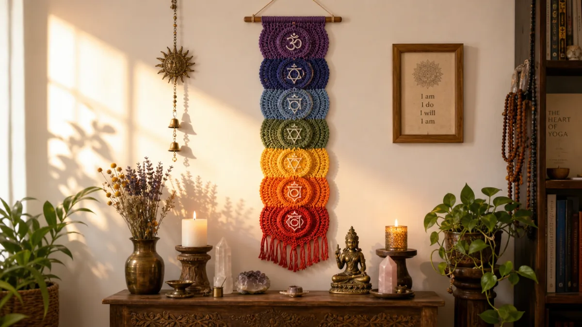 a finished rainbow chakra crochet wall hanging displayed on a white wall…