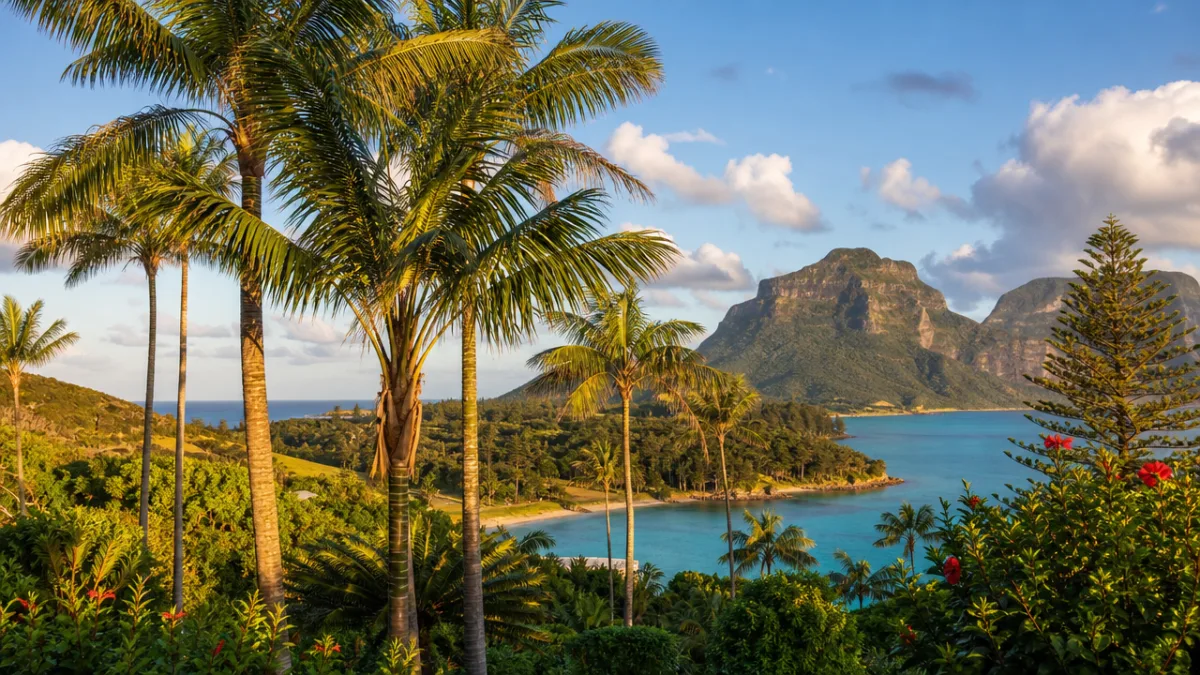 a lush tropical Lord Howe Island landscape with tall Kentia Palms bathed…