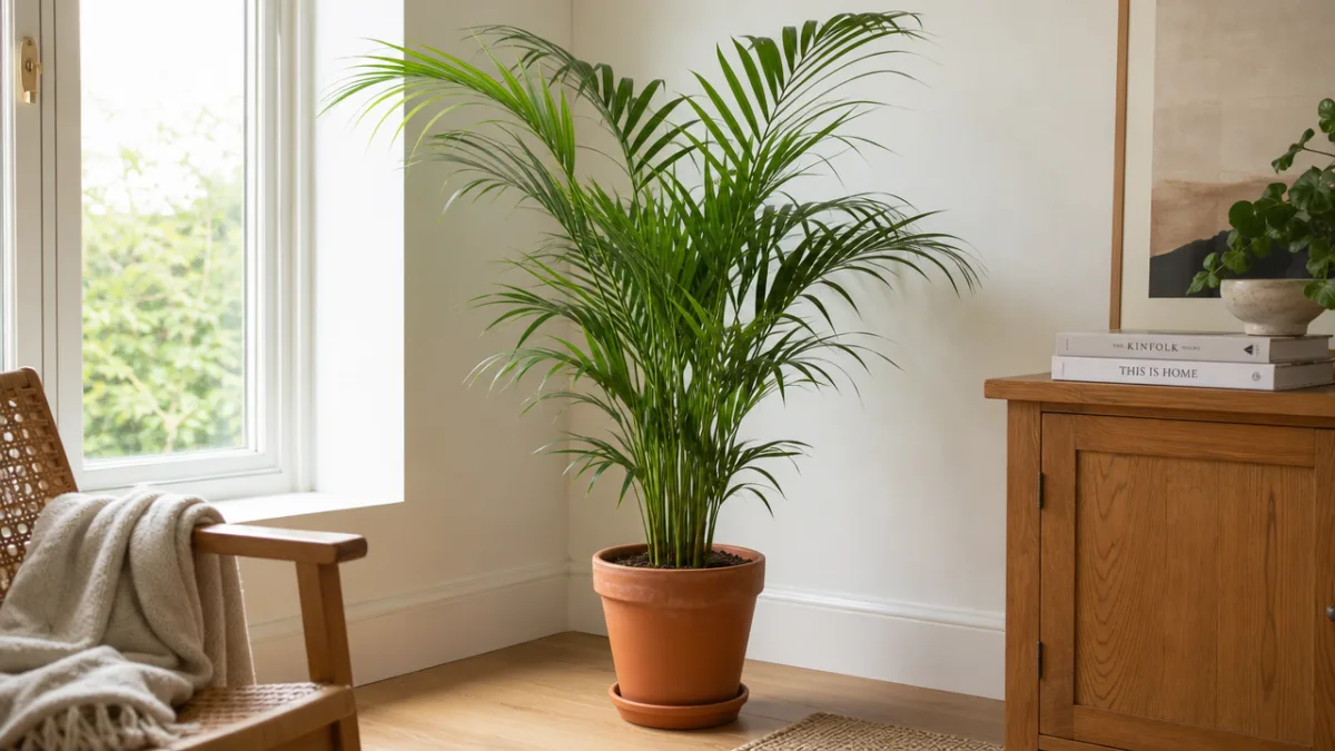 a healthy Kentia Palm in a terracotta pot indoors, soft natural light…