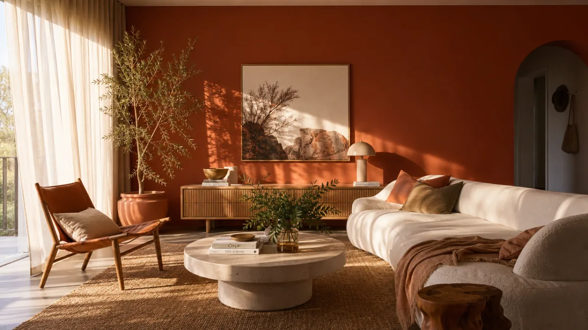 a stylish Australian living room with a deep terracotta feature wall, warm…