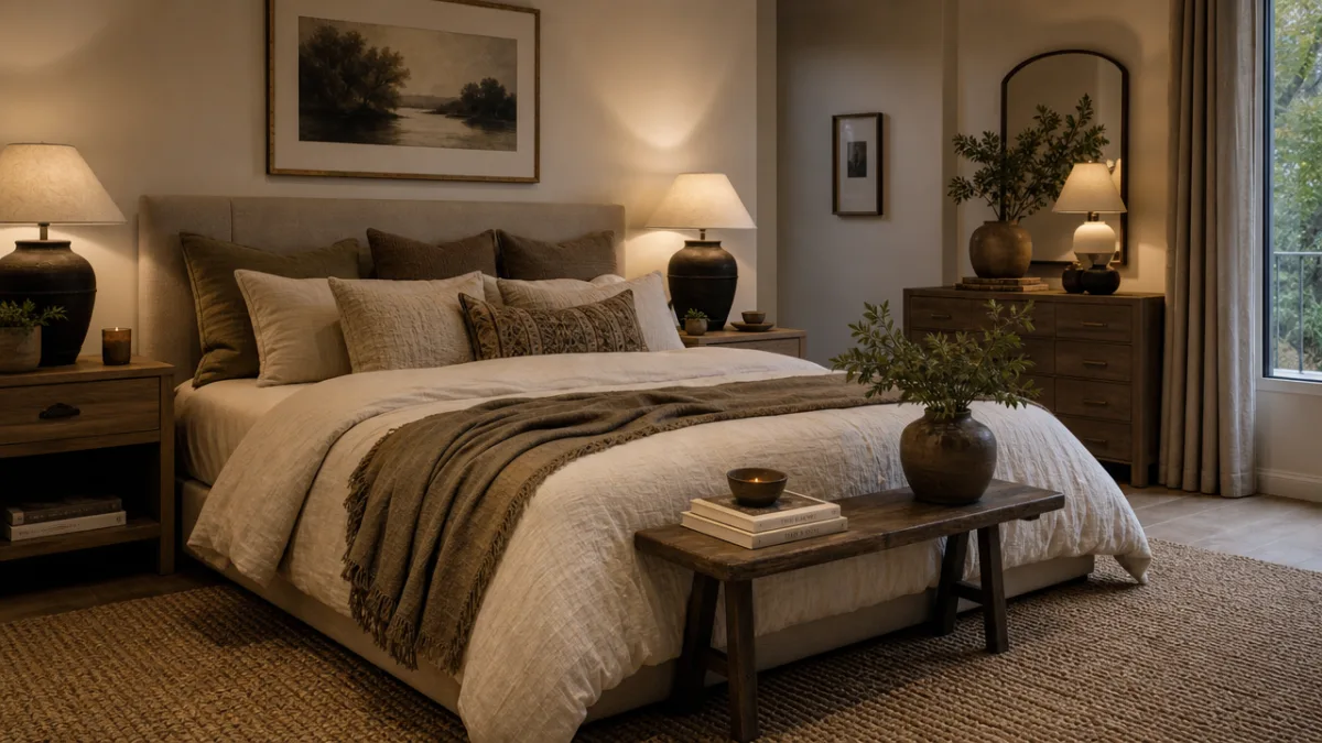 a beautifully layered bedroom with linen bedding, textured cushions and a woven…