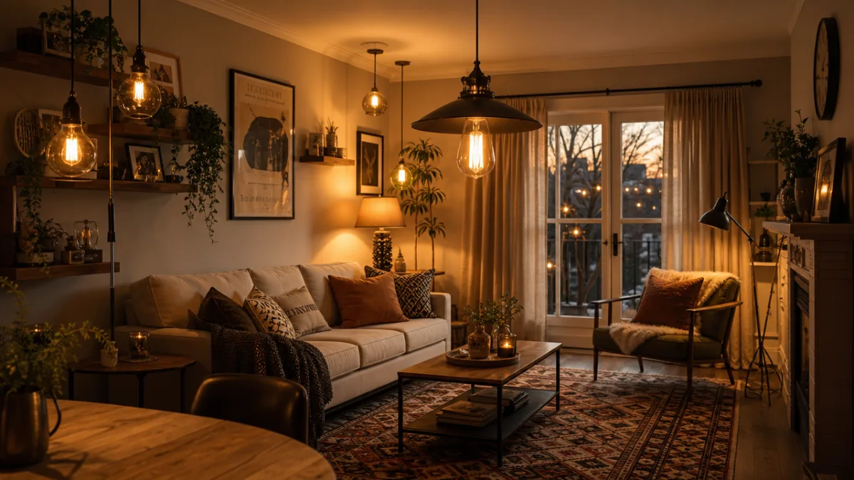 a cozy living room interior with layered pendant lighting and warm glowing…