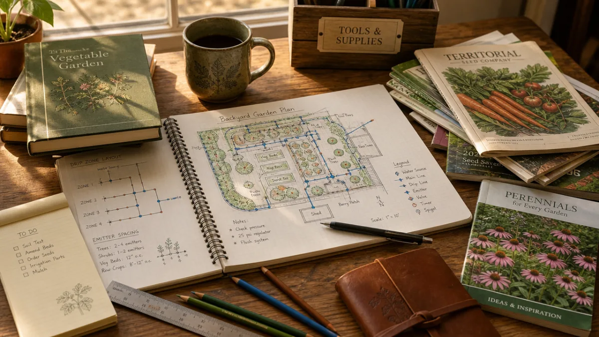 a neatly organized garden planning workspace with hand-drawn irrigation diagrams, pencils, and…