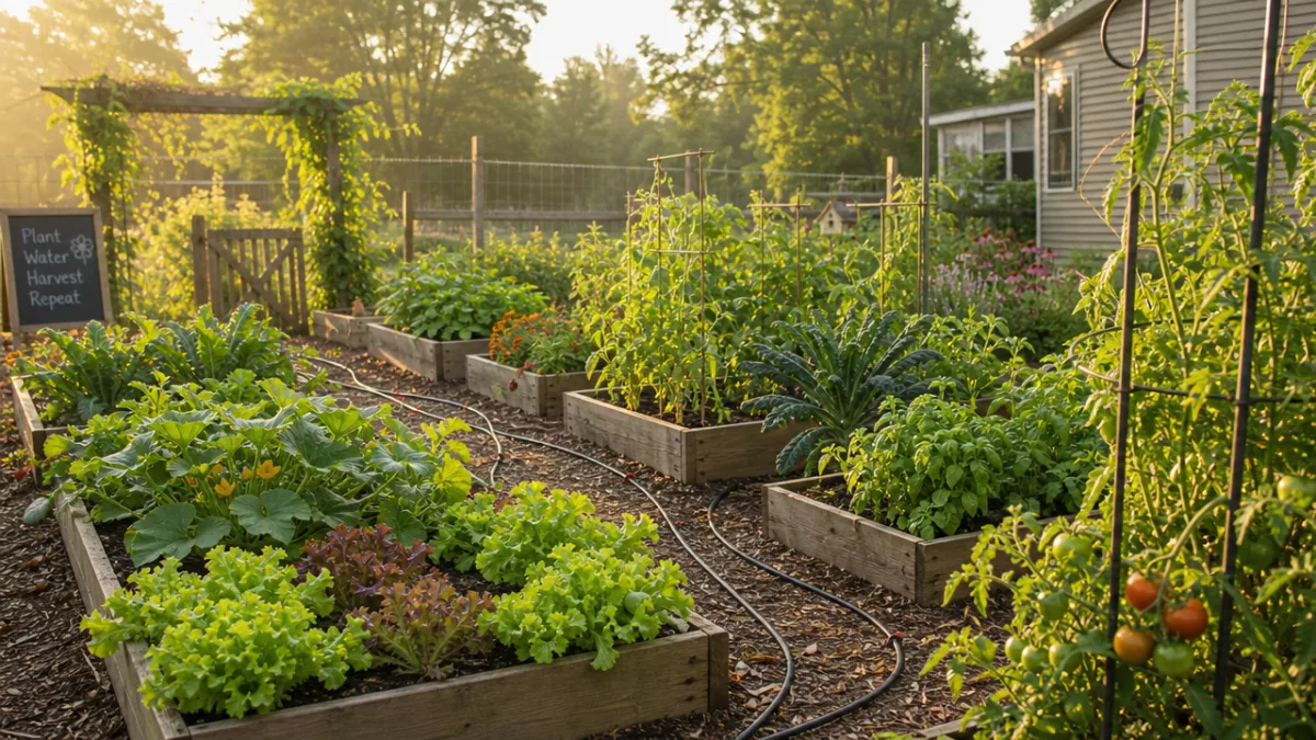 a home vegetable garden with drip irrigation lines weaving between raised beds,…
