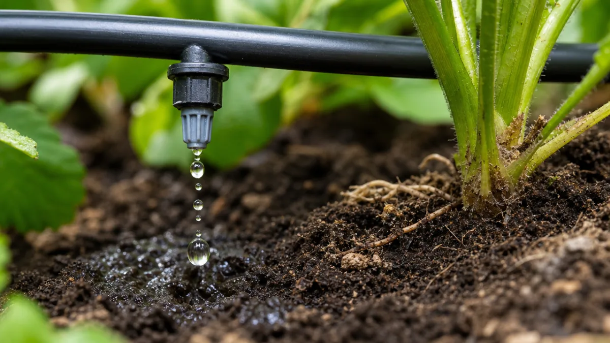 close-up of drip irrigation emitters delivering water droplets to dark rich soil…