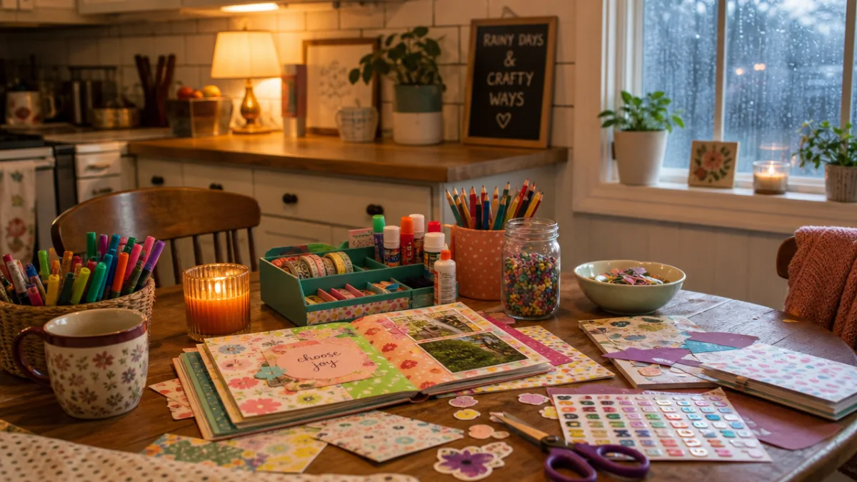 a cozy kitchen table covered with colorful craft supplies, warm indoor lighting…