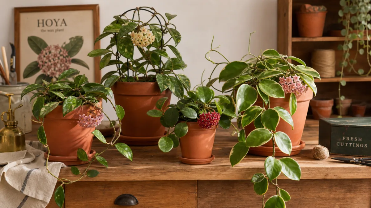 terracotta pots with Hoya plants on a wooden potting bench, warm natural…