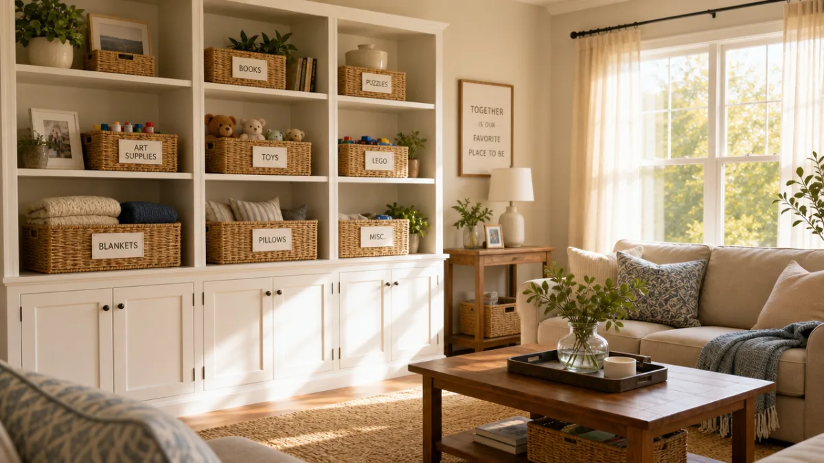a bright organized living room with labeled wicker baskets on white shelves,…