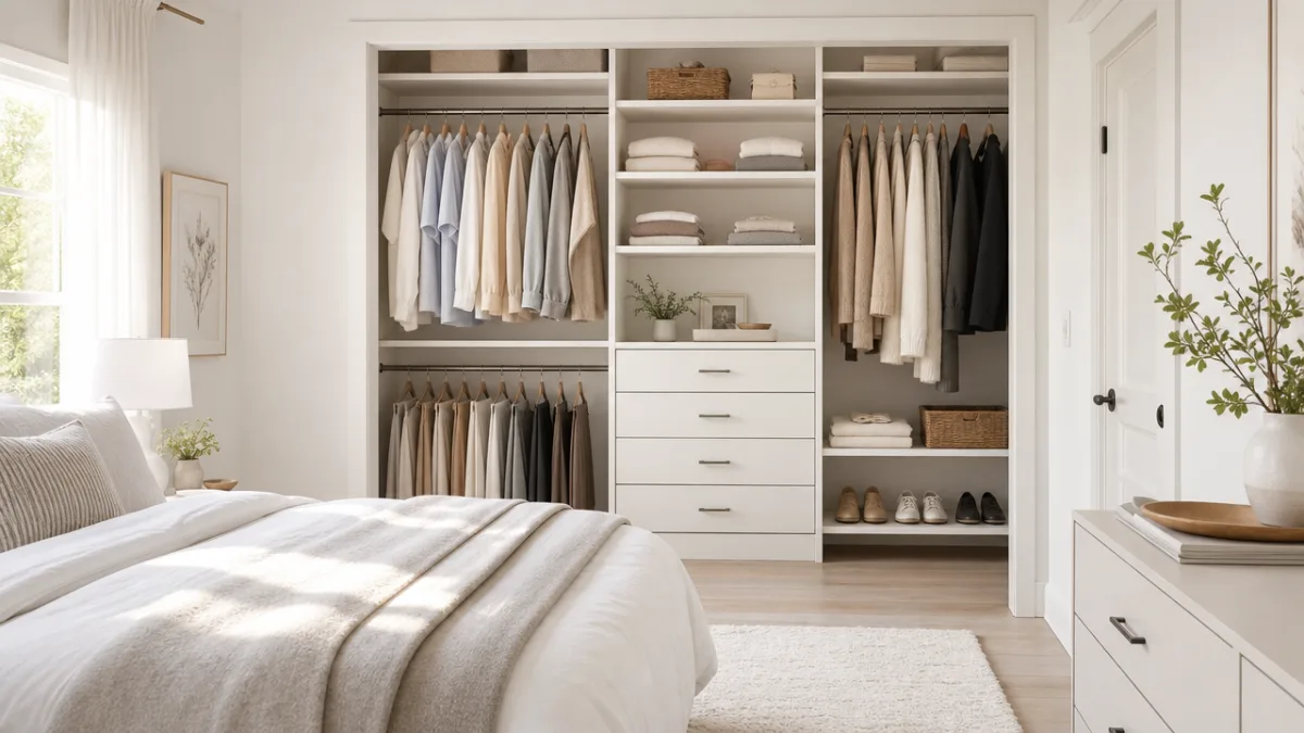 a serene white bedroom with an open organized closet system, soft morning…