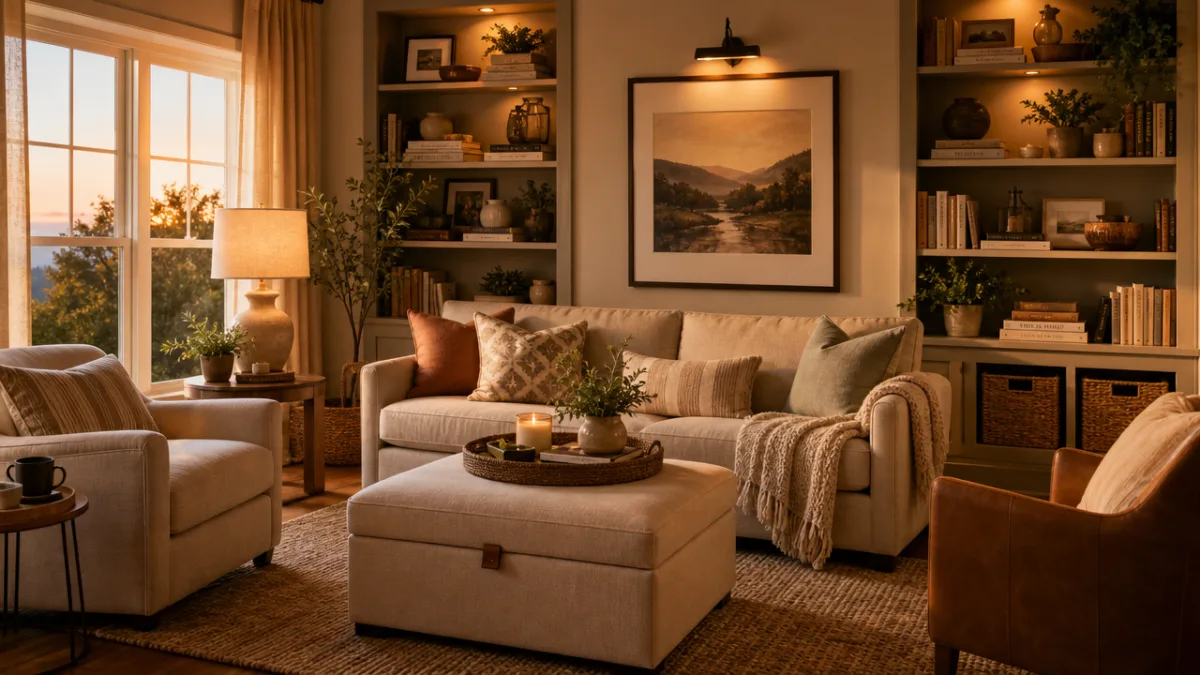 a cozy organized living room with a storage ottoman, woven baskets, and…