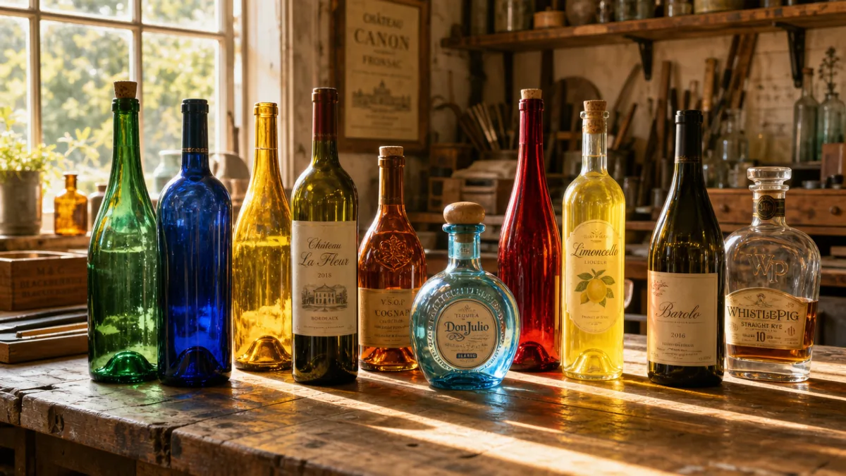 a collection of colorful glass wine and spirits bottles arranged on a…