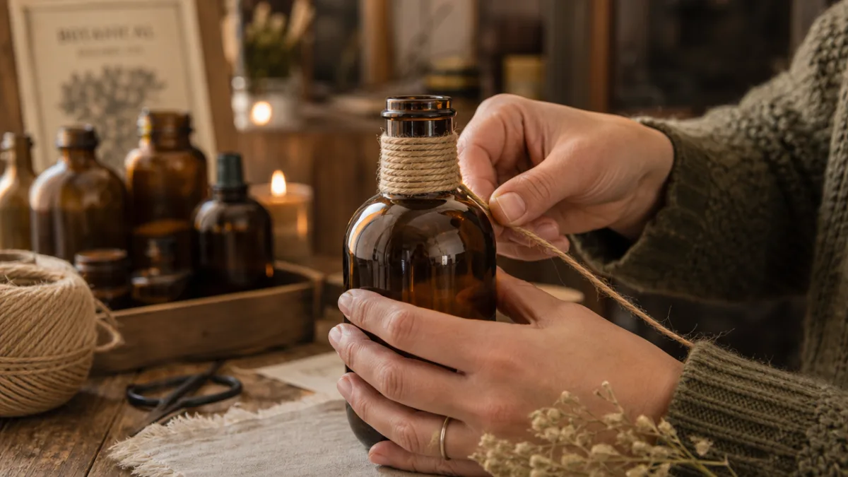 hands carefully wrapping natural jute twine around the neck of an amber…