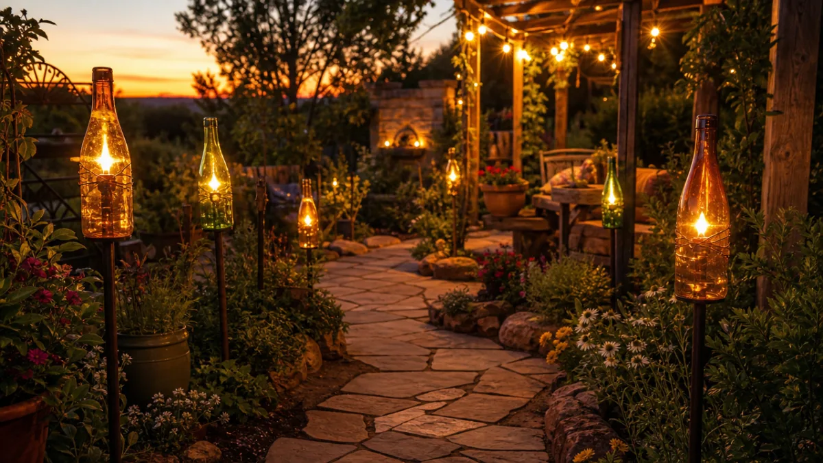 a beautiful garden patio at dusk with multiple glowing upcycled bottle torch…