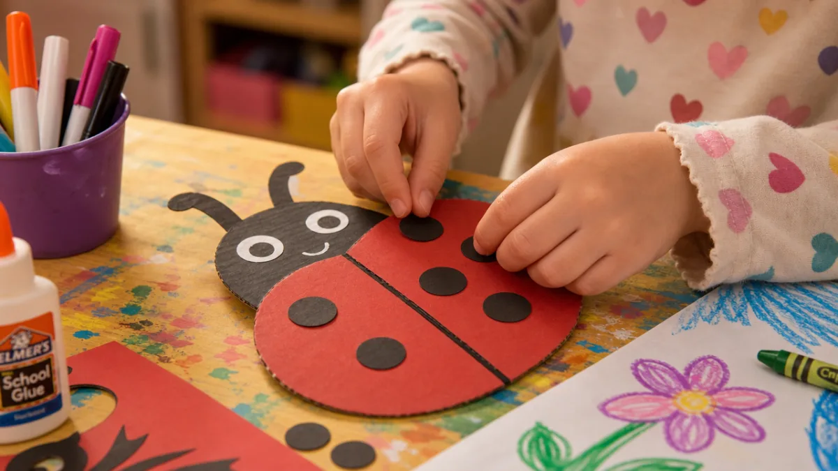 a child's hands carefully assembling a cardboard ladybug craft on a colorful…