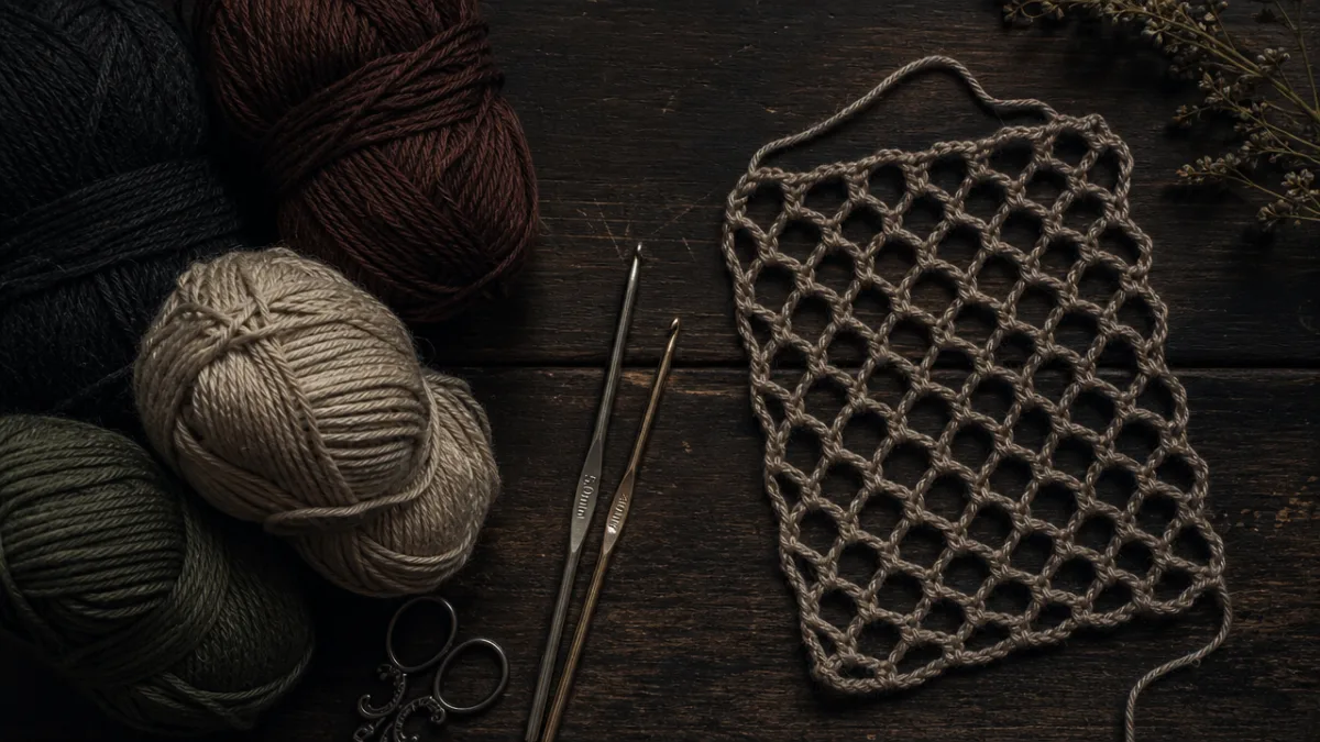 a flat lay of crochet yarn, metal hooks, and a fishnet swatch…