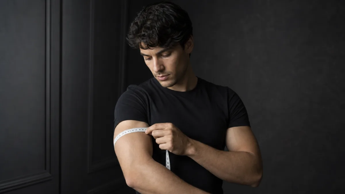 a person measuring their arm with a soft tape measure in a…