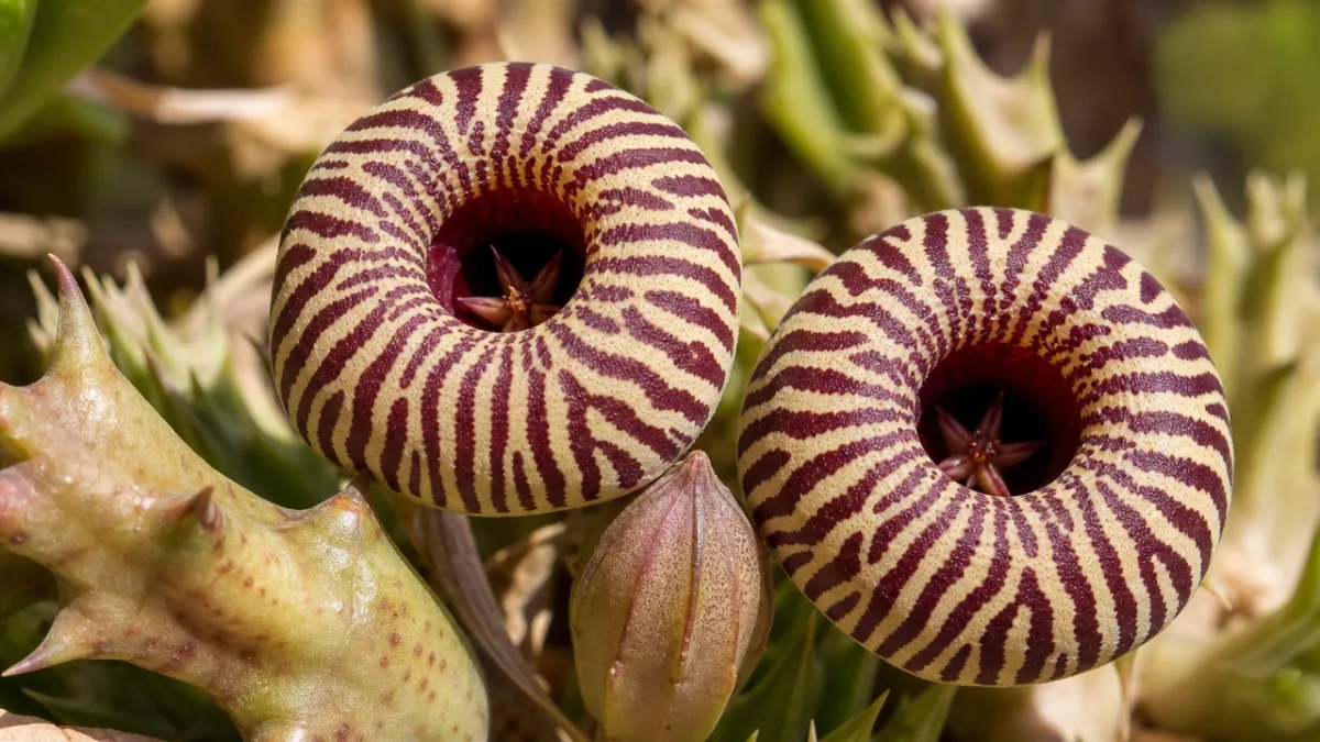 a close-up photorealistic image of Huernia zebrina flowers showing bold zebra stripes…