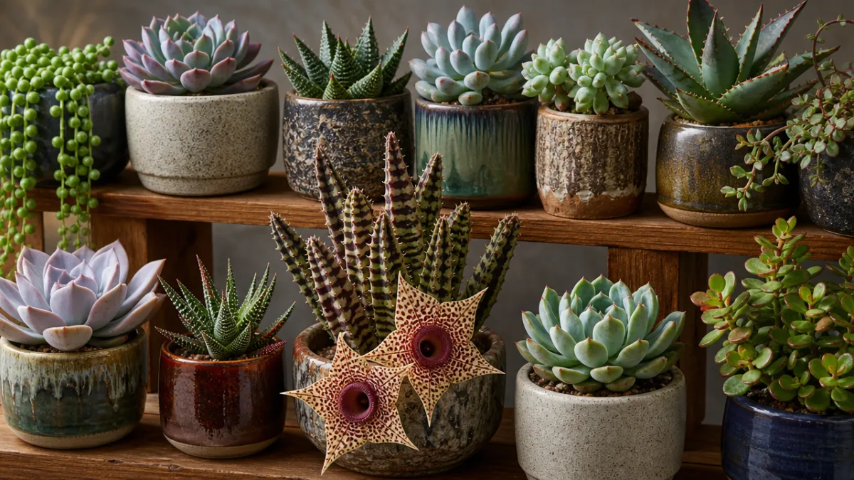 a diverse succulent collection displayed on wooden shelves with a Huernia zebrina…