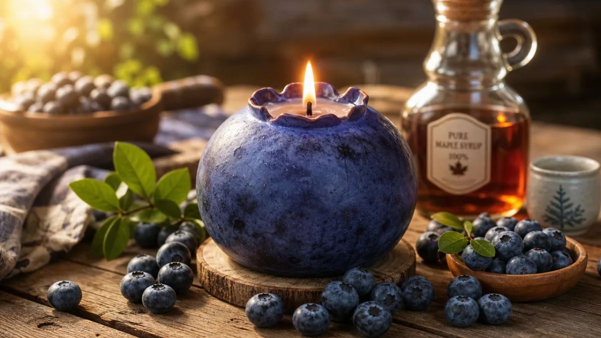 a large blueberry candle glowing warmly on a rustic wooden table surrounded…