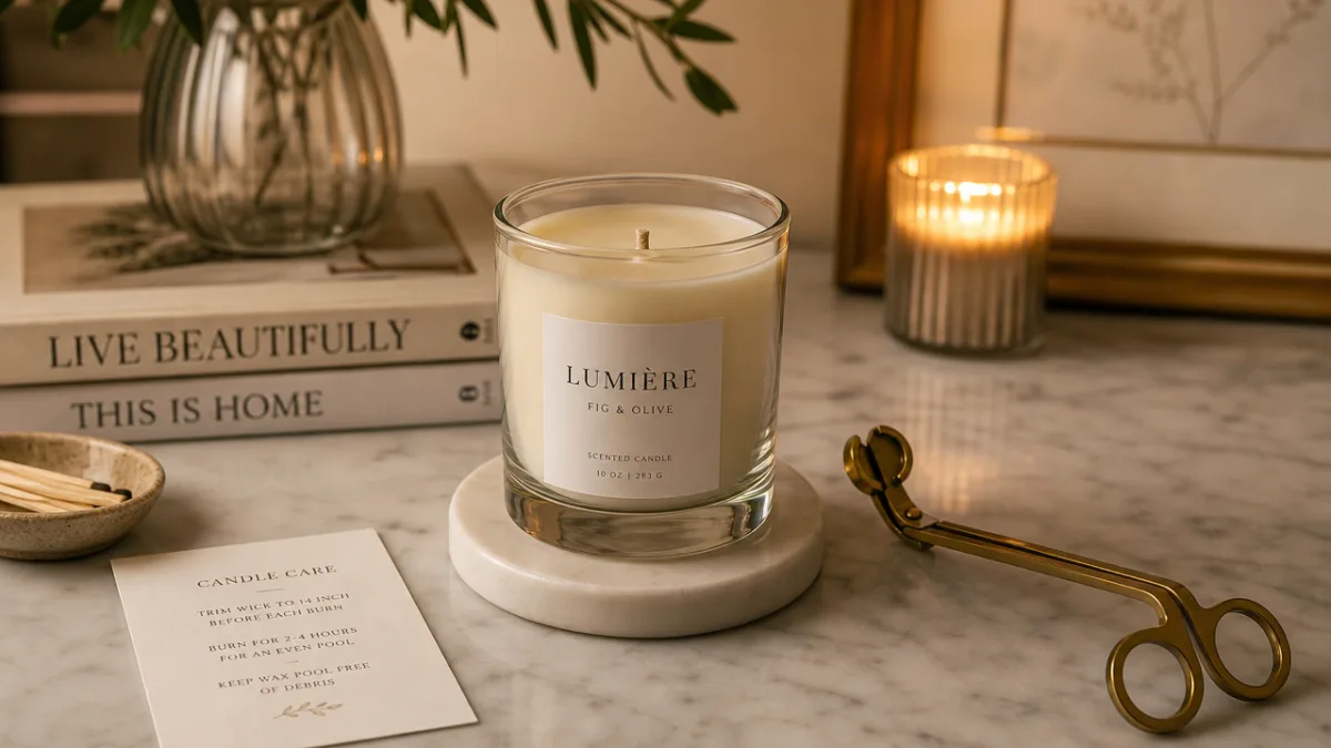 elegant candle care setup showing a trimmed wick candle on a marble…