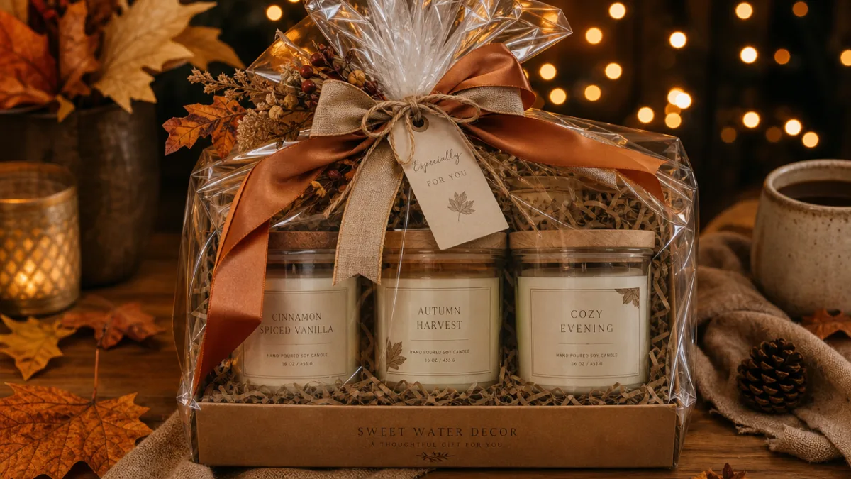 beautifully wrapped large candle gift set on a cozy autumn table with…