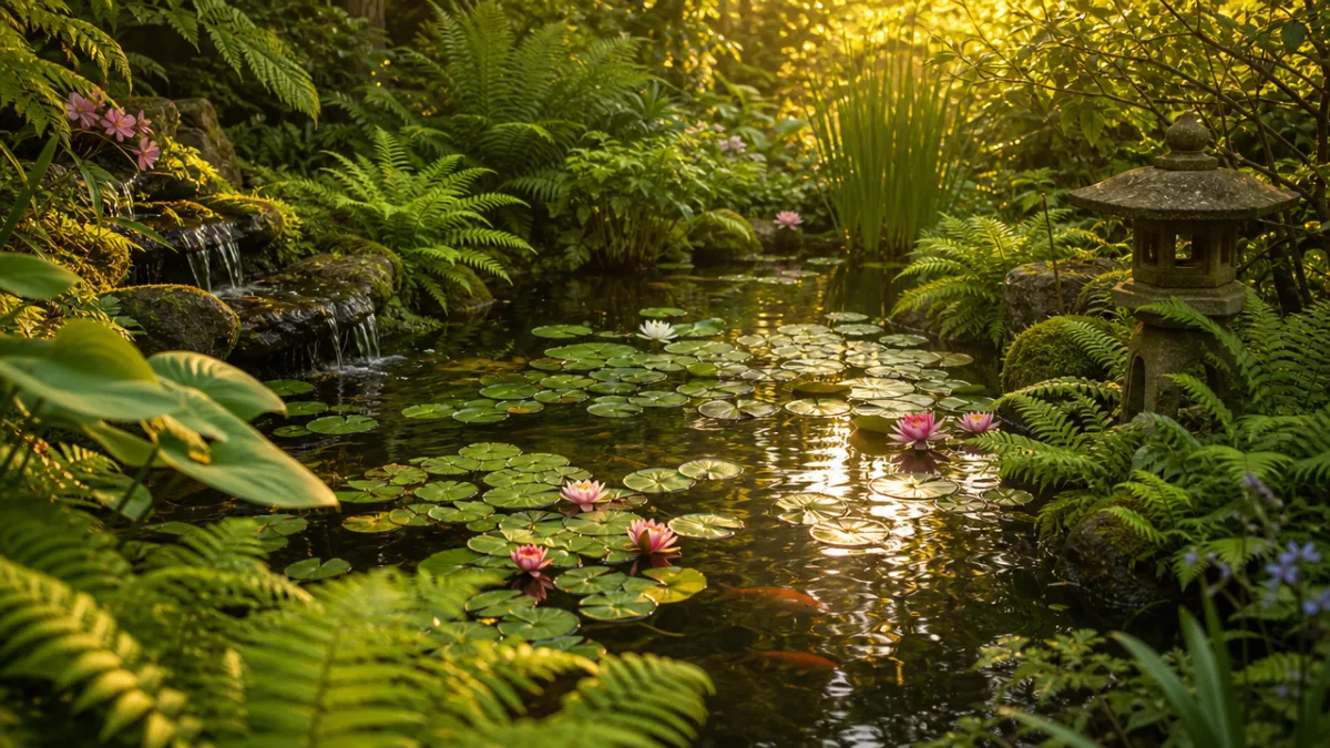 a lush small garden pond surrounded by ferns and water lilies, soft…