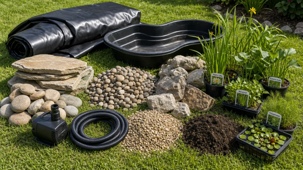 a collection of pond construction materials including liner, stones, and aquatic plants…