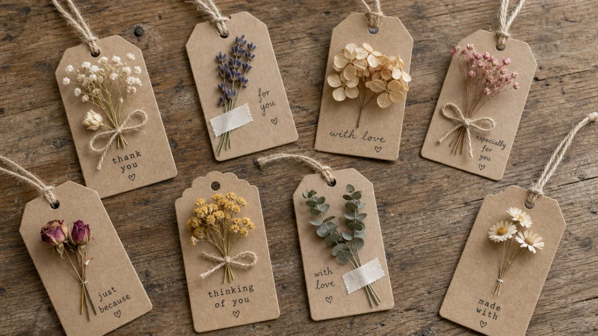 a collection of handmade gift tags made from cardboard, string, and dried…