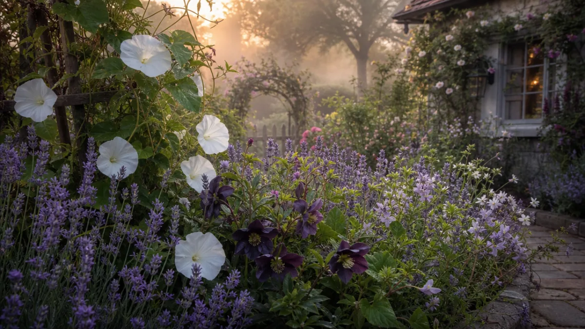 a lush cottage garden bed filled with lavender, moonflowers, and dark hellebore,…