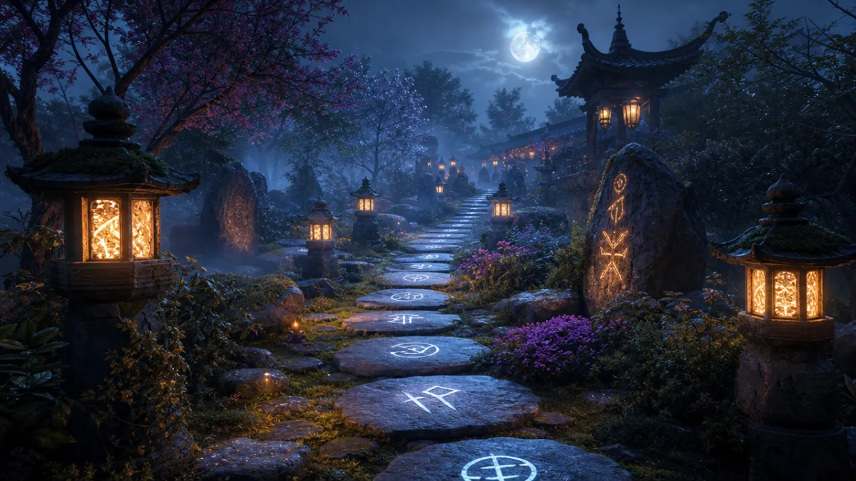 a stone garden pathway lined with glowing lanterns and rune-carved stepping stones,…