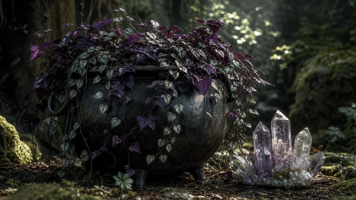 a cast iron cauldron overflowing with dark purple and silver trailing plants…