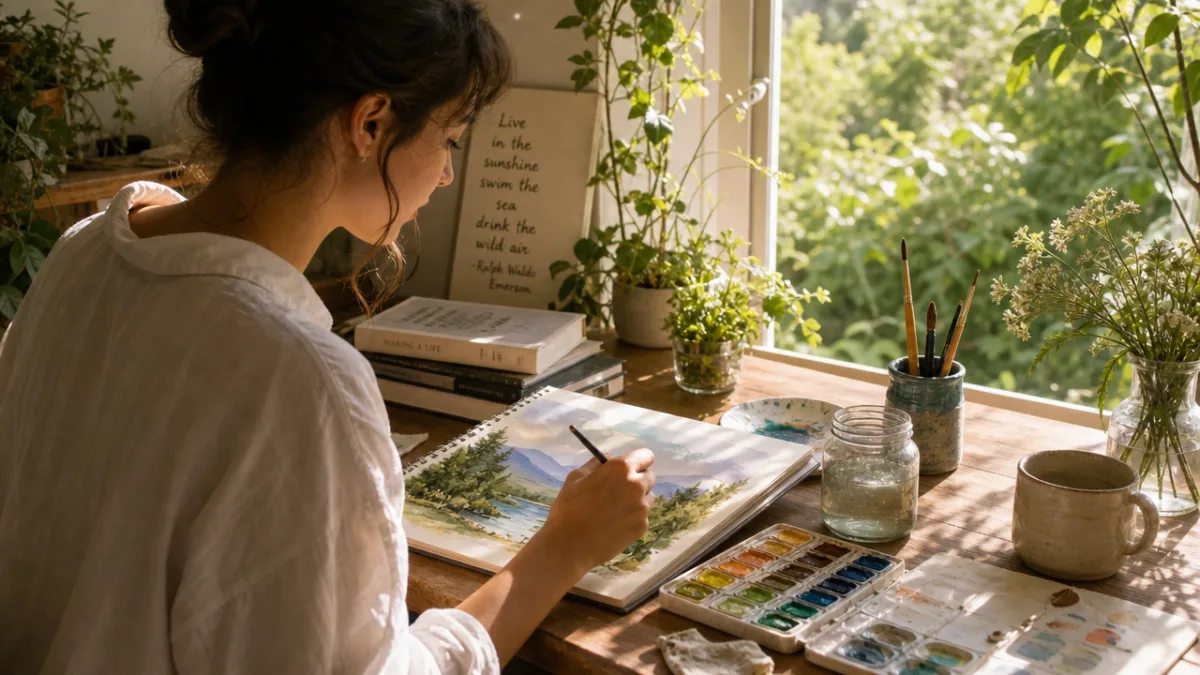 a person painting watercolors at a sunlit wooden table surrounded by soft…