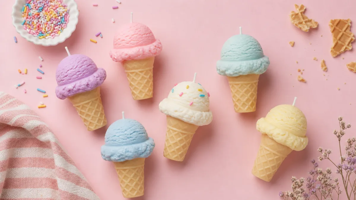 a flat lay of colorful ice cream candles arranged on a pastel…
