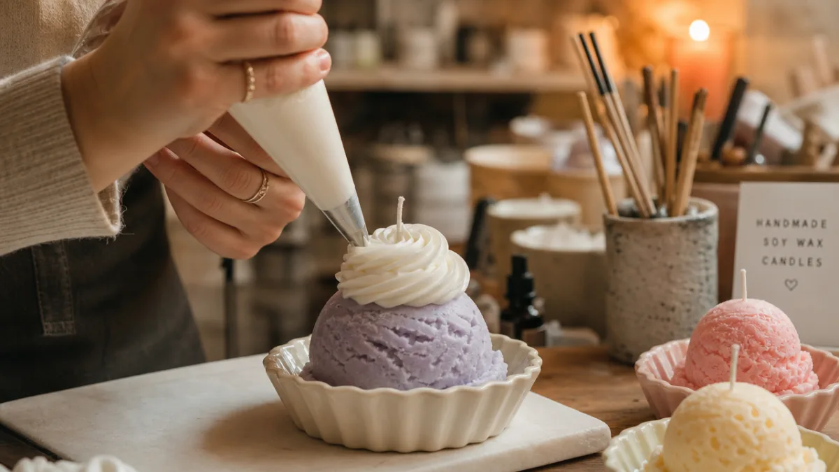 hands piping swirled whipped wax onto a pastel scoop candle, warm workshop…