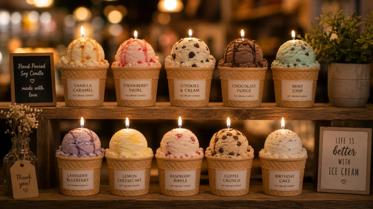 a beautifully arranged display of ice cream candles on a wooden shelf,…