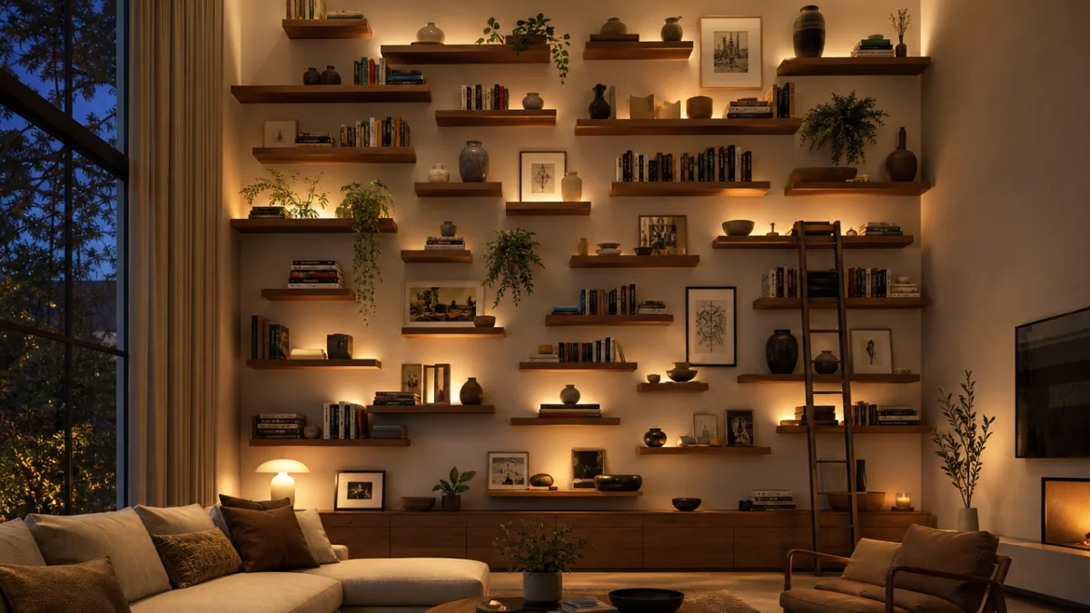 a tall living room wall covered in staggered floating shelves from mid-height…