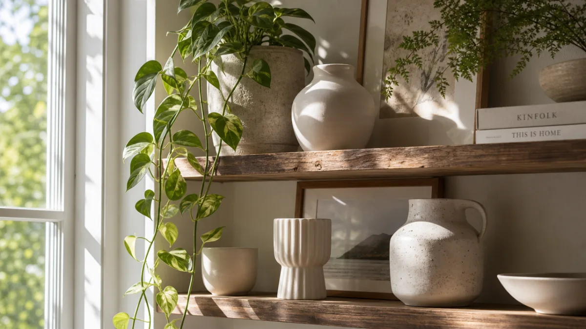 a close-up of high shelves styled with trailing green plants and white…