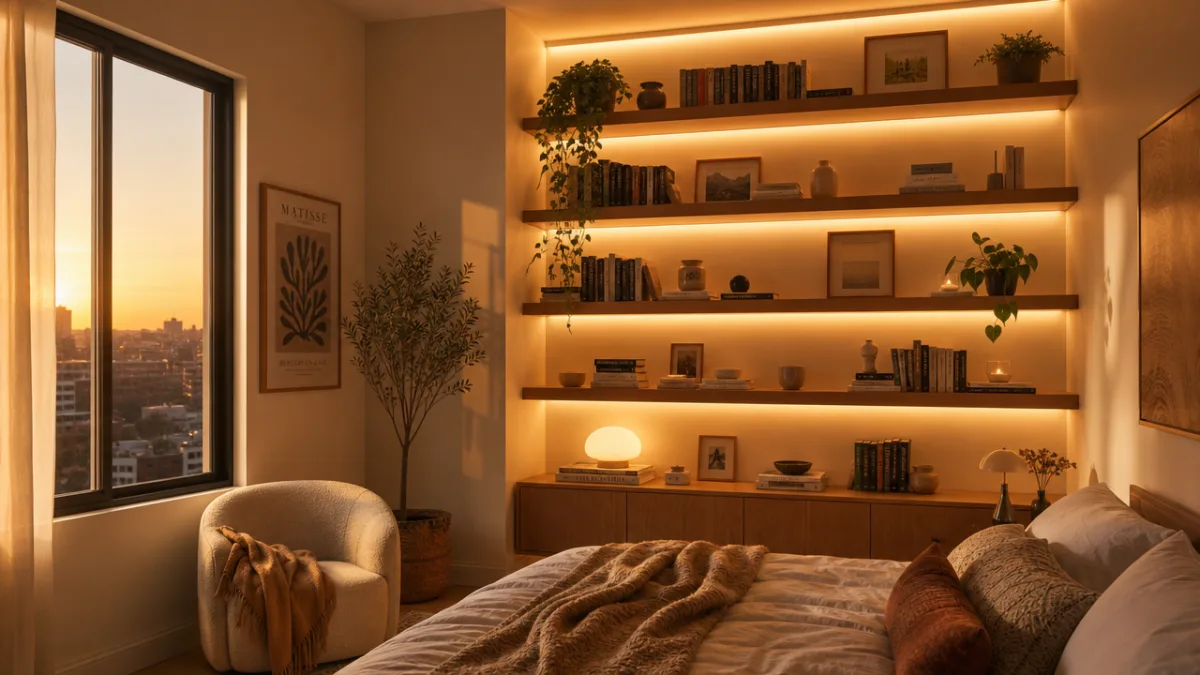a cozy bedroom corner with ceiling-high floating shelves lit by warm LED…