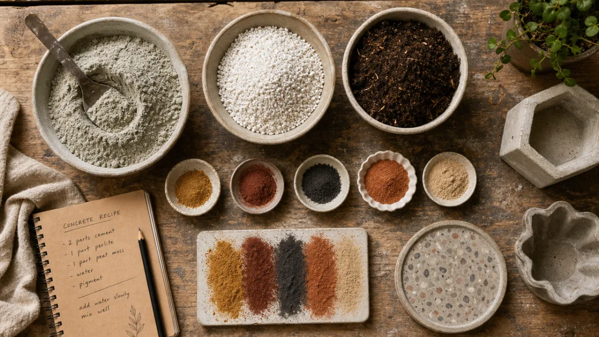 a flat lay of concrete crafting materials including cement powder, perlite, peat…